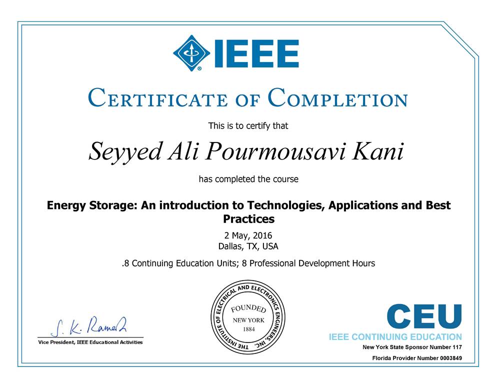 Energy Storage workshop certificate
